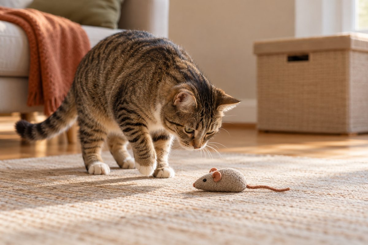 Katze untersucht ein einzelnes Stoffspielzeug auf einer freien Spielfläche