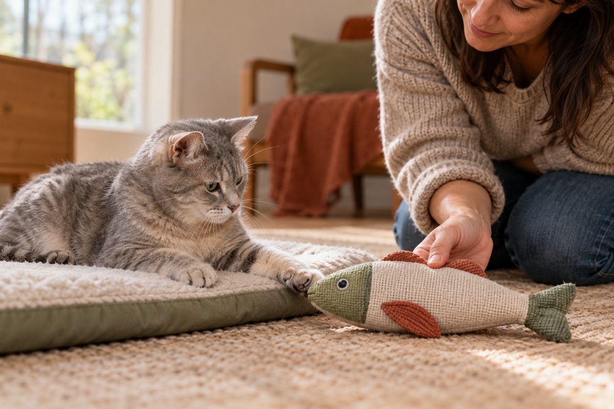 Ältere graue Katze bekommt auf einer niedrigen Unterlage ein sanftes Spielangebot