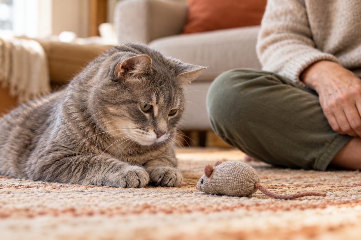 Ältere Katze beobachtet ein Stoffspielzeug in Reichweite ihrer Vorderpfoten