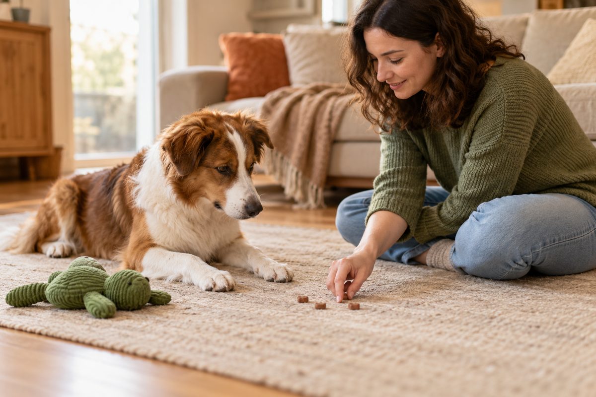 Hund wendet sich freiwillig vom Spielzeug zu seitlich angebotenen Belohnungen