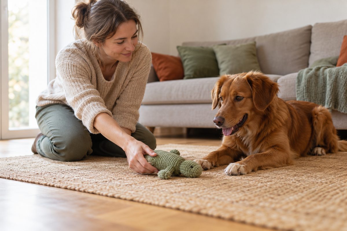 Erwachsene Person gibt einem Hund nach dem Tausch sein Spielzeug zurück