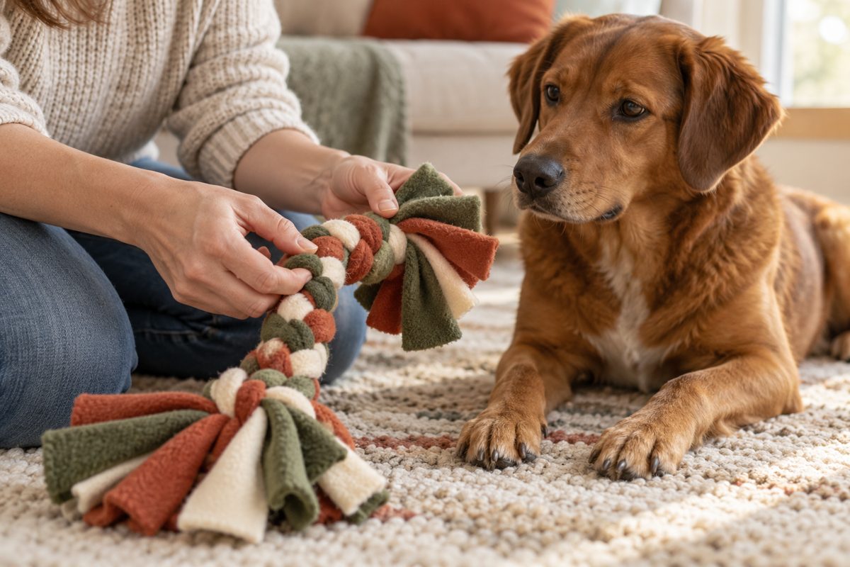 Erwachsene Hände prüfen ein weiches Zerrspielzeug neben einem ruhigen Hund