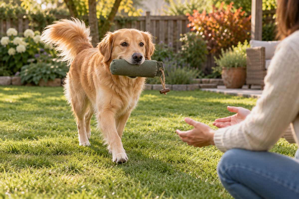 Hund trägt einen weichen Dummy ruhig über eine ebene Rasenfläche