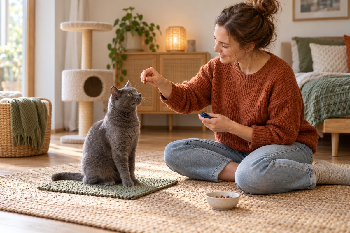 Erwachsene Person übt mit einer freiwillig auf einer Matte sitzenden Katze