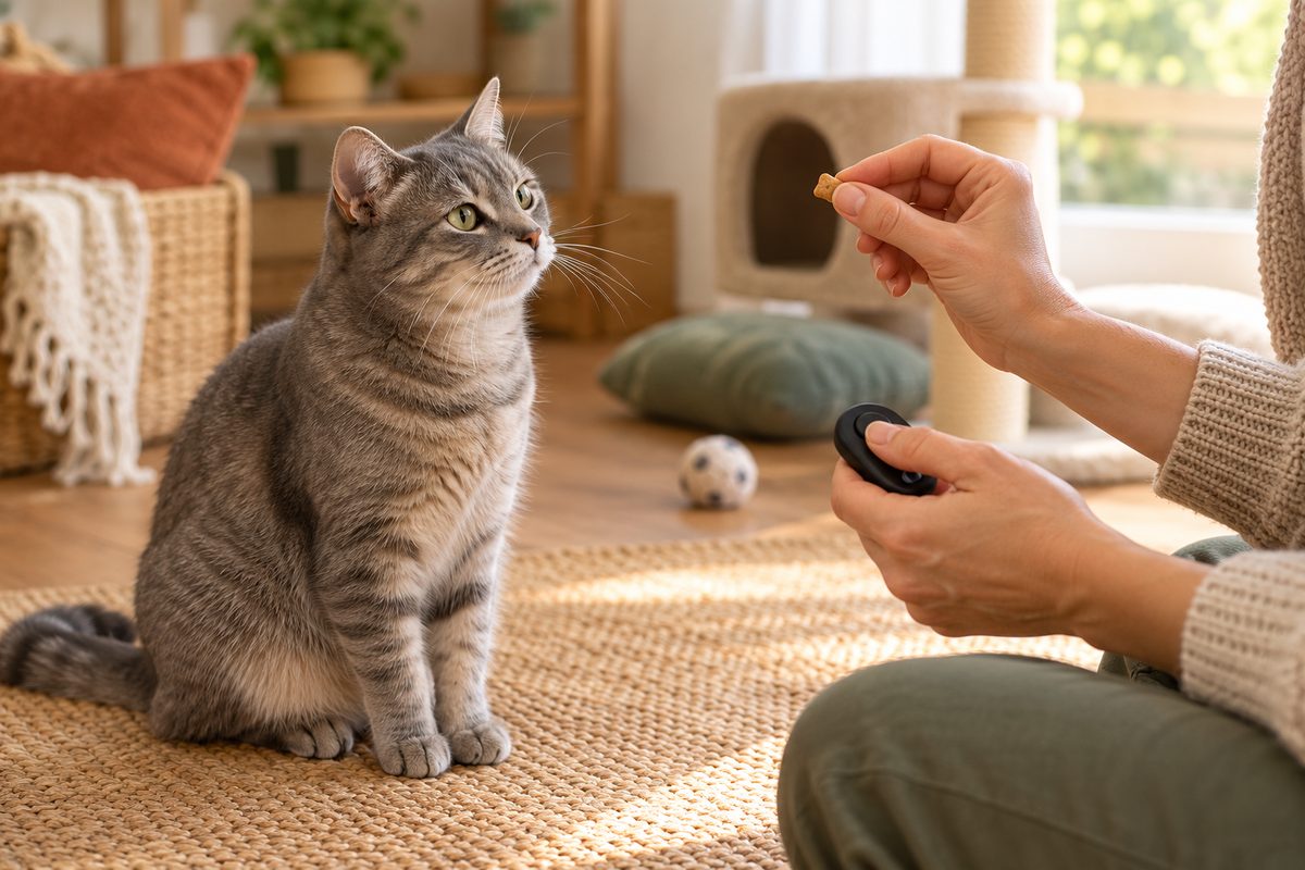 Clicker und kleine Belohnung in den Händen neben einer entspannten Katze