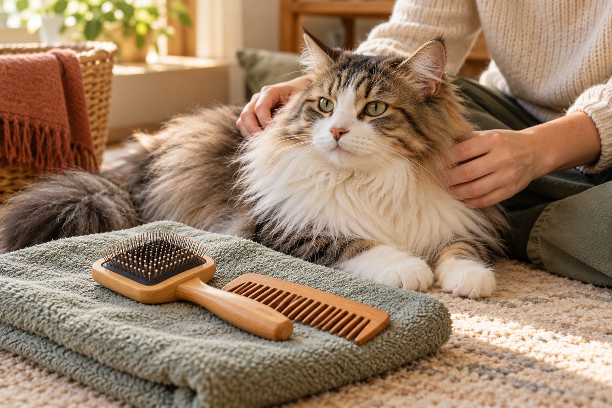 Weiche Bürste und Kamm neben einer entspannten langhaarigen Katze