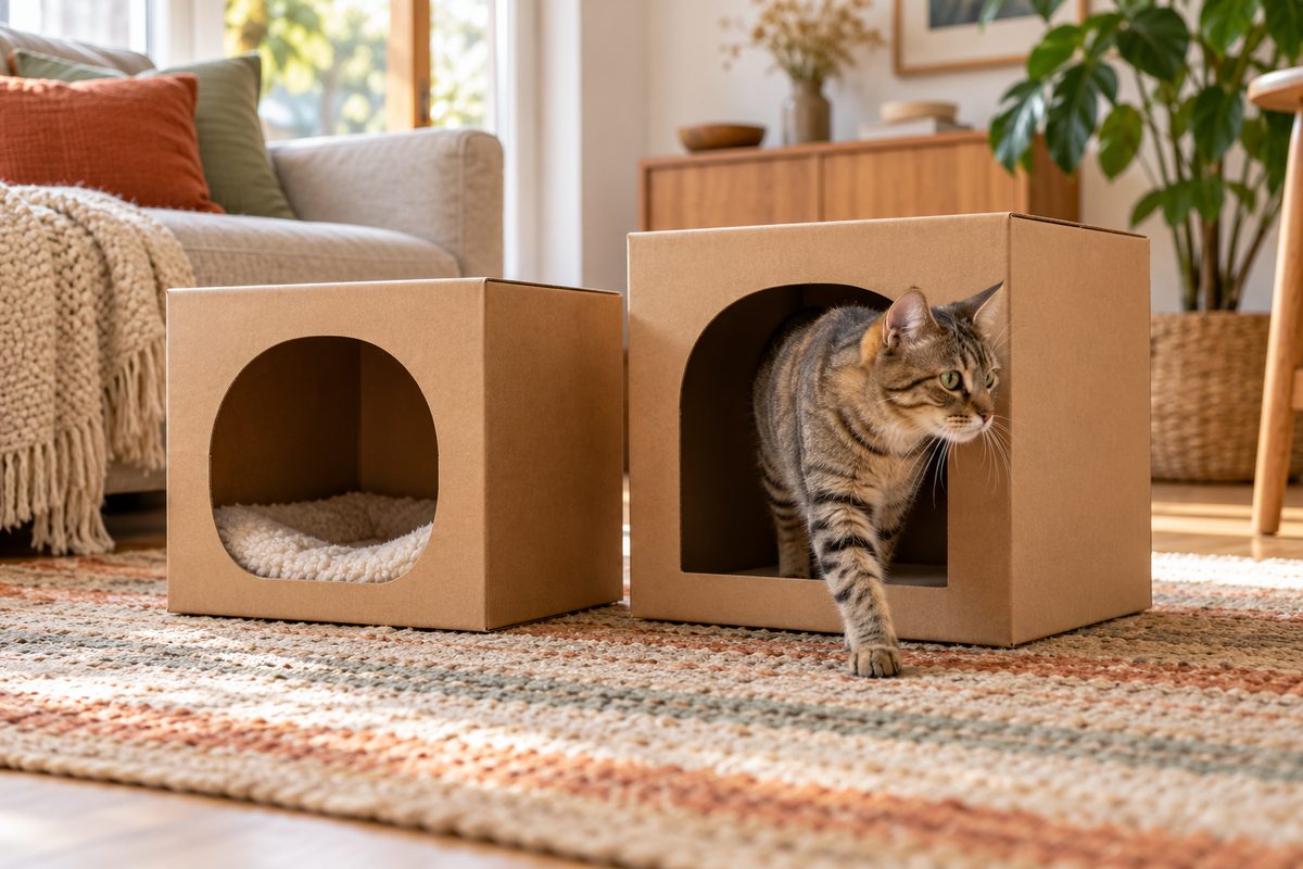 Katze erkundet zwei niedrige Kartons mit großen Öffnungen auf einem Teppich