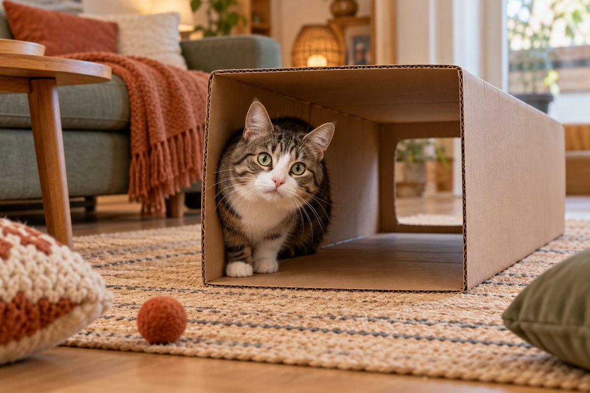 Katze schaut aus einem niedrigen Kartontunnel mit offenem Ausgang