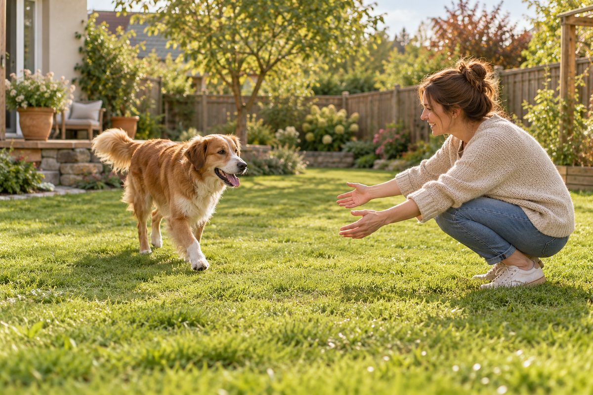 Hund kommt in einem eingezäunten Garten zu einer einladenden erwachsenen Person