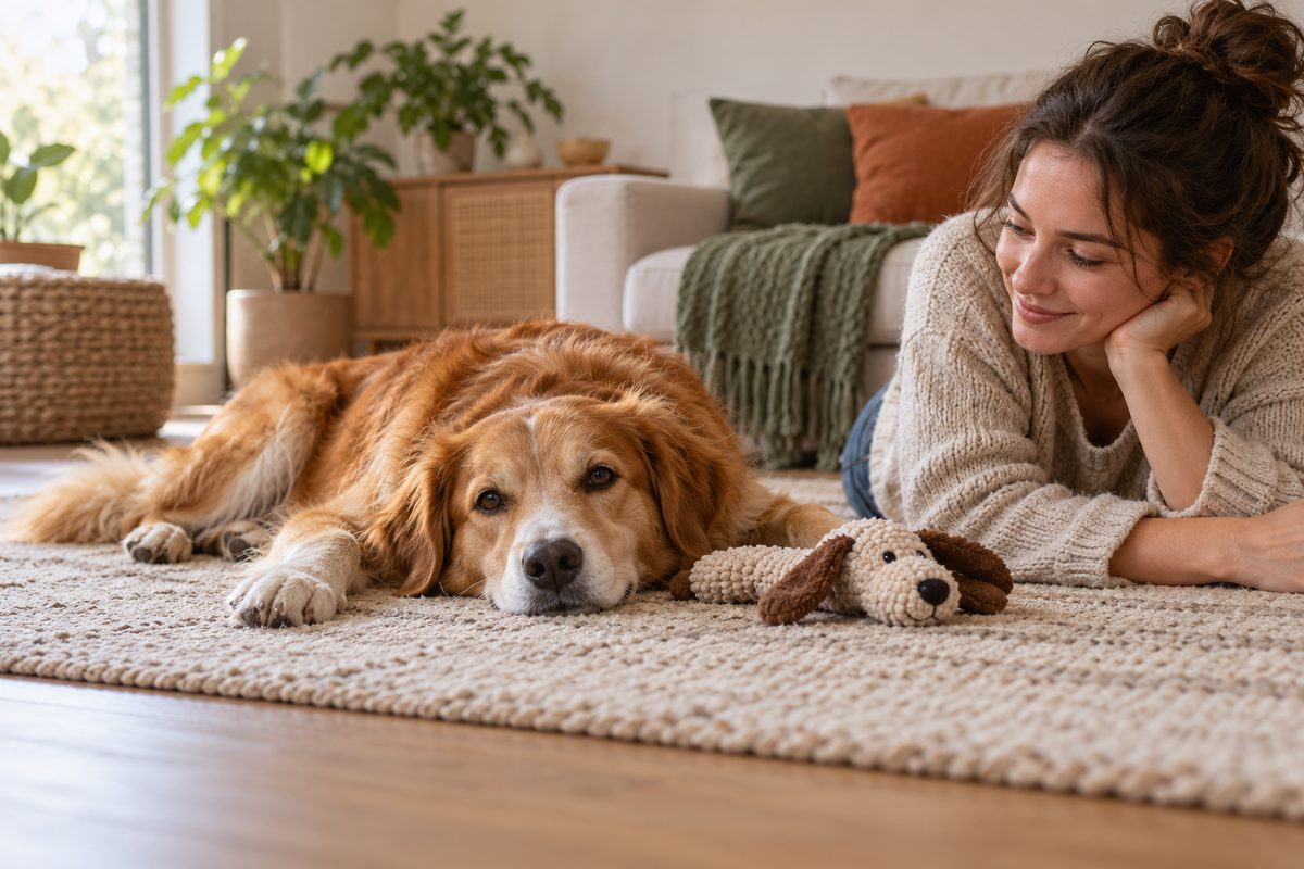 Hund und erwachsene Person ruhen nach einer Spielrunde neben einem Stoffspielzeug