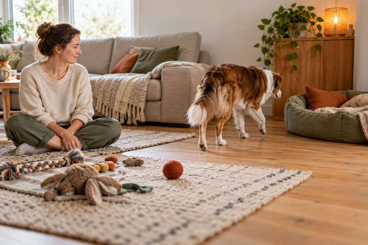 Hund verlässt die Spielfläche freiwillig in Richtung seines Ruheplatzes
