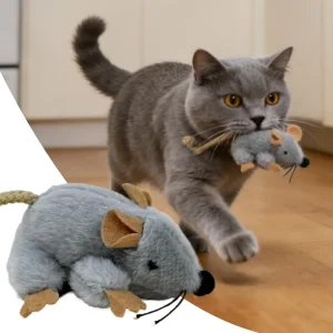 Graue Katze spielt mit einer Plüsch-Spielmaus